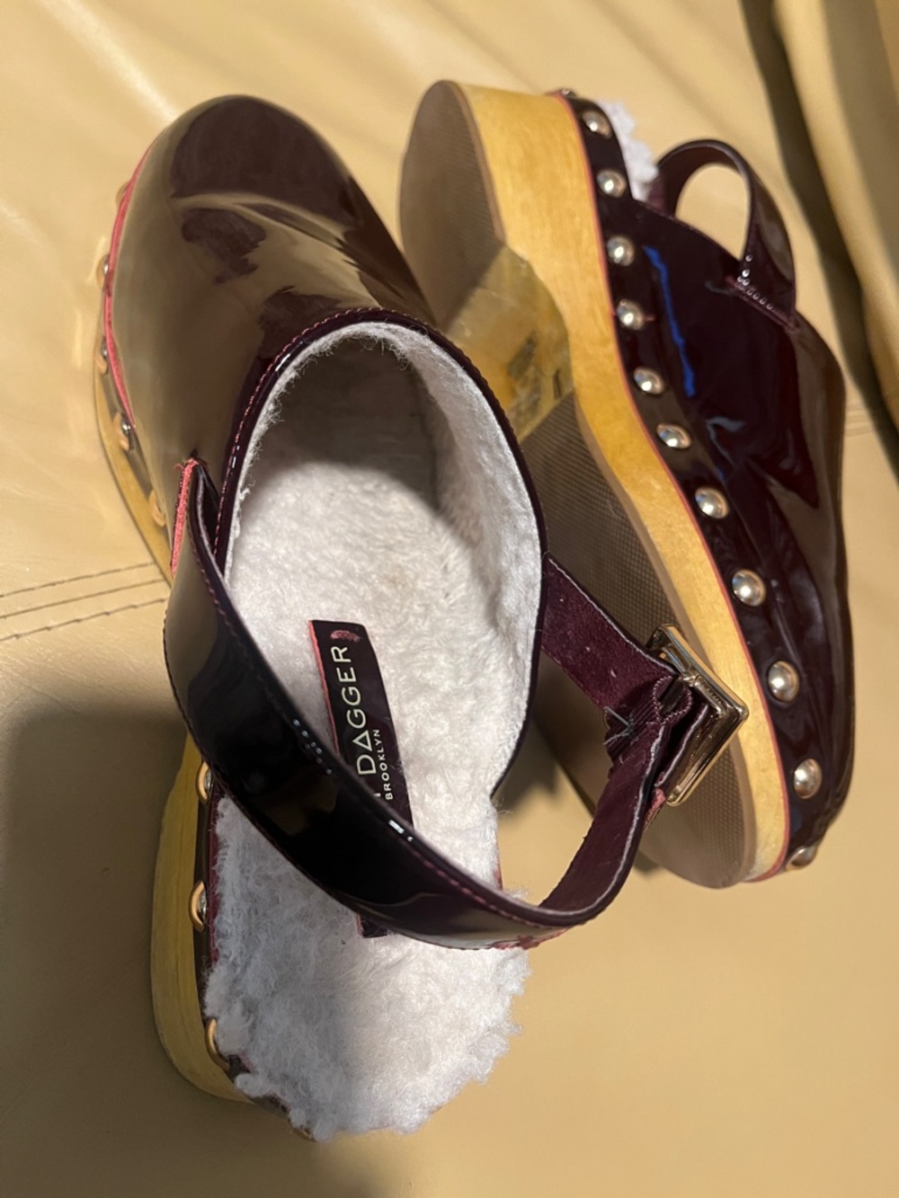 Kelsi Dagger Wine Patent Platform Clogs with Shearling Trim